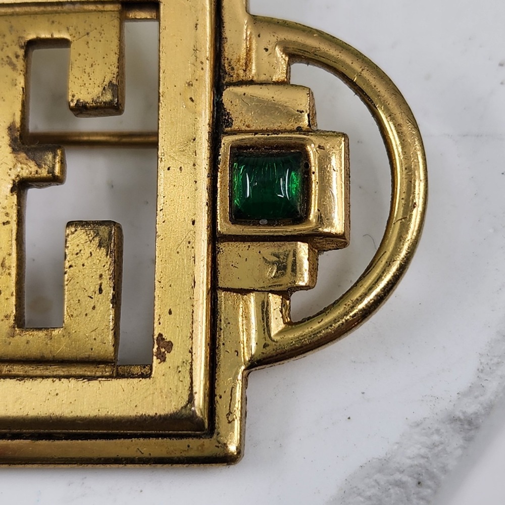 Monocraft Vintage 1930 Gold Tone Green Glass Geometric Art Deco Brooch Pin Retro - Picture 2 of 9